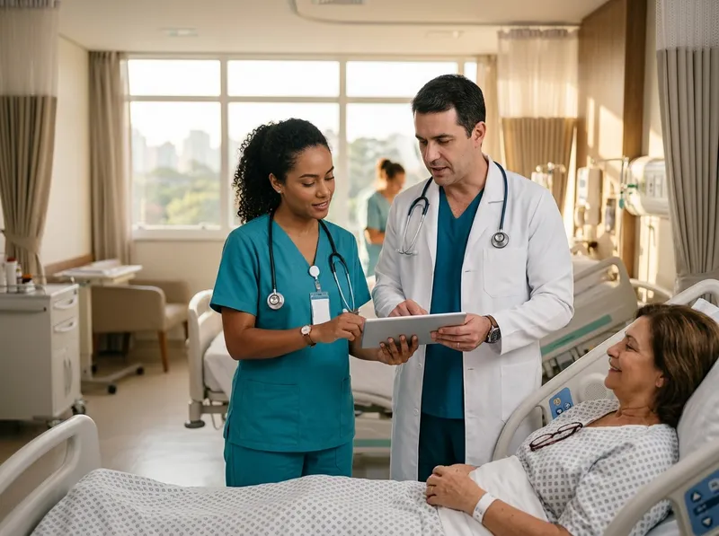 Enfermeira e médico consultando o prontuário do Vitai One em um tablet no ponto de atendimento