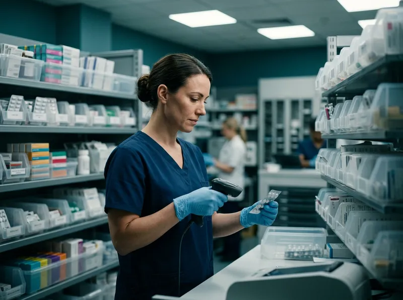Farmacêutica lendo o código de barras de uma dose unitária